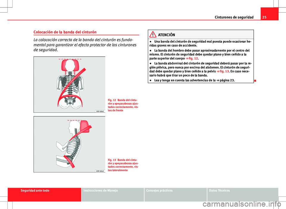 Seat Ibiza SC 2011 Manual de instrucciones (in Spanish) 25
Cinturones de seguridad
Colocación de la banda del cinturón
La colocación correcta de la banda del cinturón es funda-
mental para garantizar el efecto protector de los cinturones
de seguridad.
Seat Ibiza SC 2011 Manual de instrucciones (in Spanish) 25
Cinturones de seguridad
Colocación de la banda del cinturón
La colocación correcta de la banda del cinturón es funda-
mental para garantizar el efecto protector de los cinturones
de seguridad.