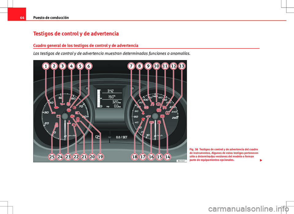 Seat Ibiza SC 2010 Manual de instrucciones (in Spanish) 64Puesto de conducción
Testigos de control y de advertencia
Cuadro general de los testigos de control y de advertencia
Los testigos de control y de advertencia muestran determinadas funciones o anoma Seat Ibiza SC 2010 Manual de instrucciones (in Spanish) 64Puesto de conducción
Testigos de control y de advertencia
Cuadro general de los testigos de control y de advertencia
Los testigos de control y de advertencia muestran determinadas funciones o anoma