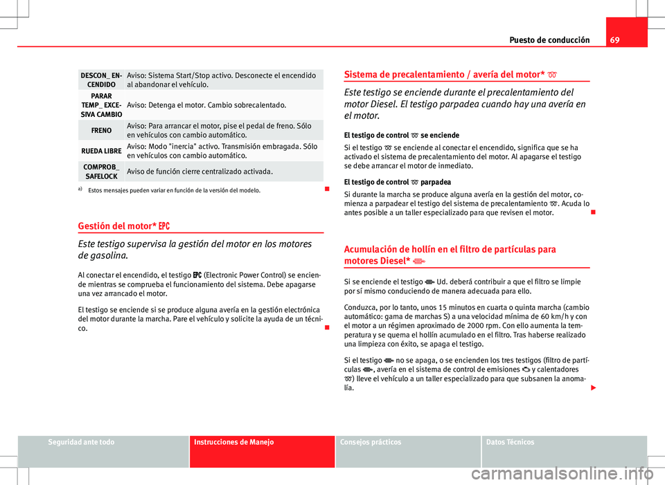 Seat Ibiza SC 2011  Manual de instrucciones (in Spanish) 69
Puesto de conducción
DESCON_ EN-
CENDIDOAviso: Sistema Start/Stop activo. Desconecte el encendido
al abandonar el vehículo.
PARAR
TEMP_ EXCE-
SIVA CAMBIOAviso: Detenga el motor. Cambio sobrecalen