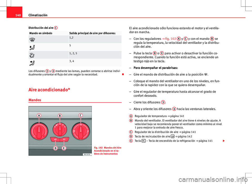 Seat Ibiza ST 2010 Manual de instrucciones (in Spanish) 140Climatización
Distribución del aire C
Mando en símboloSalida principal de aire por difusores:
1,2
5
1, 2, 5
3, 4
Los difusores 3 y 4 mediante las lamas, pueden cerrarse o abrirse in Seat Ibiza ST 2010 Manual de instrucciones (in Spanish) 140Climatización
Distribución del aire C
Mando en símboloSalida principal de aire por difusores:
1,2
5
1, 2, 5
3, 4
Los difusores 3 y 4 mediante las lamas, pueden cerrarse o abrirse in