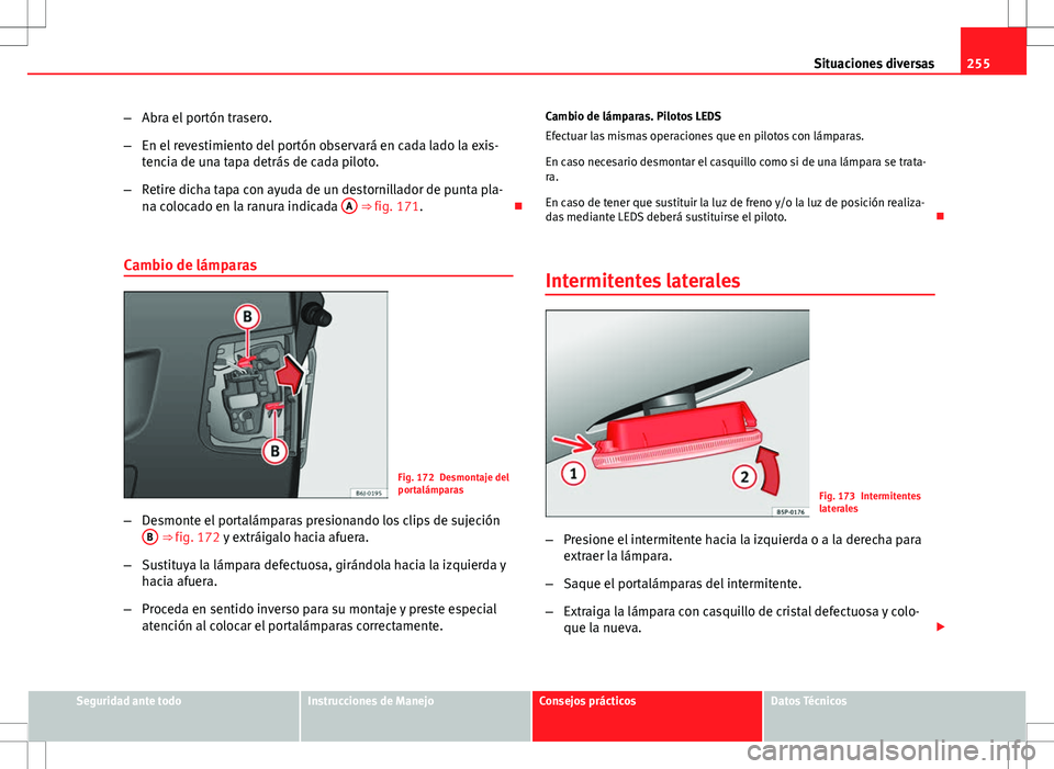 Seat Ibiza ST 2010 Manual de instrucciones (in Spanish) 255
Situaciones diversas
– Abra el portón trasero.
– En el revestimiento del portón observará en cada lado la exis-
tencia de una tapa detrás de cada piloto.
– Retire dicha tapa con ayuda de Seat Ibiza ST 2010 Manual de instrucciones (in Spanish) 255
Situaciones diversas
– Abra el portón trasero.
– En el revestimiento del portón observará en cada lado la exis-
tencia de una tapa detrás de cada piloto.
– Retire dicha tapa con ayuda de