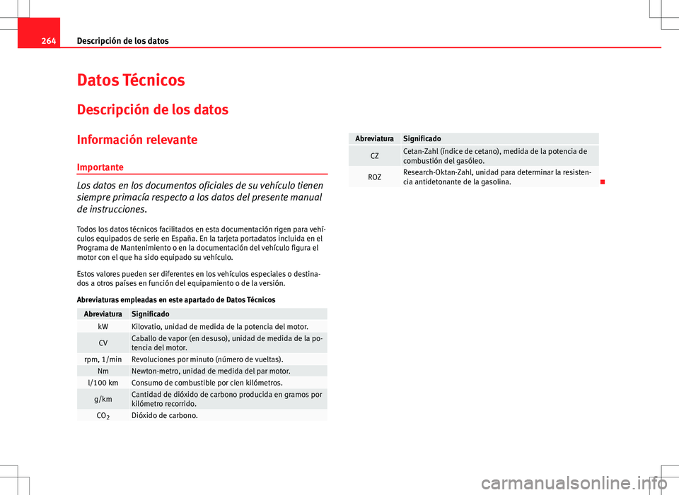Seat Ibiza ST 2010 Manual de instrucciones (in Spanish) 264Descripción de los datos
Datos Técnicos
Descripción de los datos
Información relevante
Importante
Los datos en los documentos oficiales de su vehículo tienen
siempre primacía respecto a los d Seat Ibiza ST 2010 Manual de instrucciones (in Spanish) 264Descripción de los datos
Datos Técnicos
Descripción de los datos
Información relevante
Importante
Los datos en los documentos oficiales de su vehículo tienen
siempre primacía respecto a los d