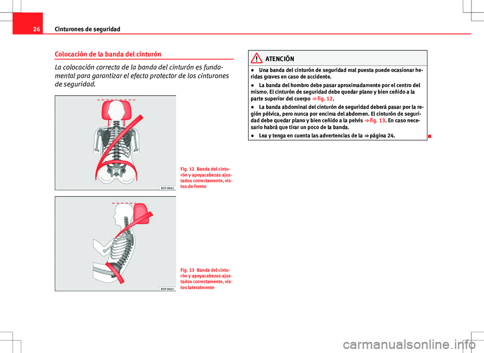 Seat Ibiza ST 2010  Manual de instrucciones (in Spanish) 26Cinturones de seguridad
Colocación de la banda del cinturón
La colocación correcta de la banda del cinturón es funda-
mental para garantizar el efecto protector de los cinturones
de seguridad.
F