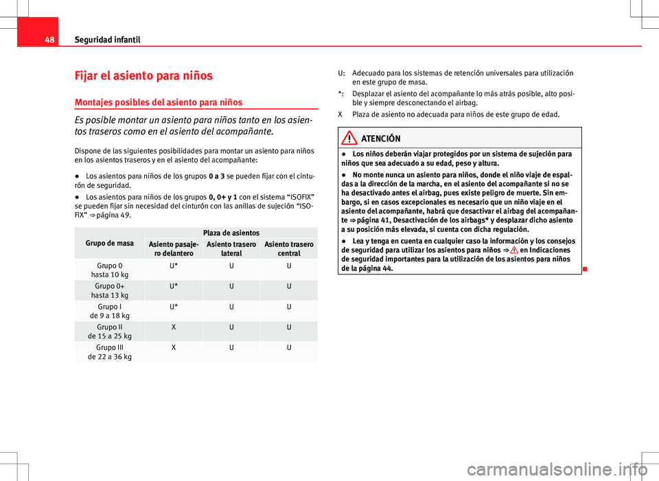 Seat Ibiza ST 2012 Manual de instrucciones (in Spanish) 48Seguridad infantil
Fijar el asiento para niños
Montajes posibles del asiento para niños
Es posible montar un asiento para niños tanto en los asien-
tos traseros como en el asiento del acompañant Seat Ibiza ST 2012 Manual de instrucciones (in Spanish) 48Seguridad infantil
Fijar el asiento para niños
Montajes posibles del asiento para niños
Es posible montar un asiento para niños tanto en los asien-
tos traseros como en el asiento del acompañant