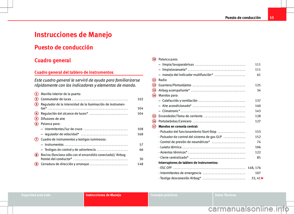 Seat Ibiza ST 2010  Manual de instrucciones (in Spanish) 55
Puesto de conducción
Instrucciones de Manejo Puesto de conducción
Cuadro general
Cuadro general del tablero de instrumentos
Este cuadro general le servirá de ayuda para familiarizarse
rápidamen