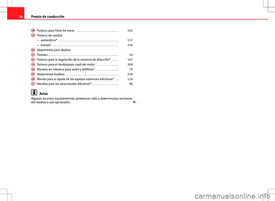 Seat Ibiza ST 2010  Manual de instrucciones (in Spanish) 56Puesto de conducción
Palanca para freno de mano  . . . . . . . . . . . . . . . . . . . . . . . . . . . . . . . 165
Palanca de cambio
– automático*  . . . . . . . . . . . . . . . . . . . . . . . 