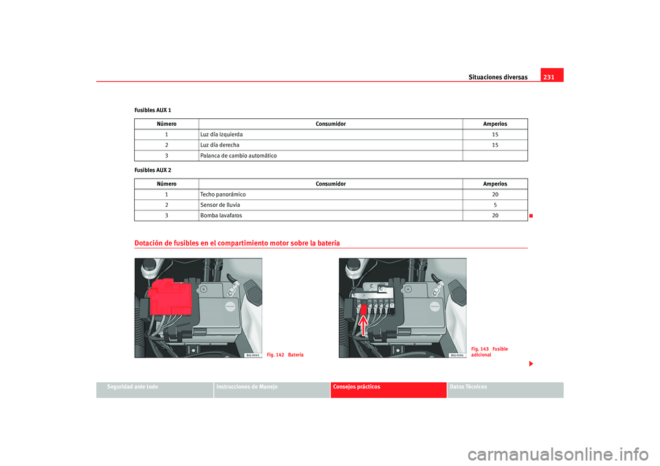 Seat Ibiza 5D 2008 Manual de instrucciones (in Spanish) Situaciones diversas231
Seguridad ante todo
Instrucciones de Manejo
Consejos prácticos
Datos Técnicos
Fusibles AUX 1
Fusibles AUX 2
Dotación de fusibles en el compartimiento motor sobre la batería Seat Ibiza 5D 2008 Manual de instrucciones (in Spanish) Situaciones diversas231
Seguridad ante todo
Instrucciones de Manejo
Consejos prácticos
Datos Técnicos
Fusibles AUX 1
Fusibles AUX 2
Dotación de fusibles en el compartimiento motor sobre la batería