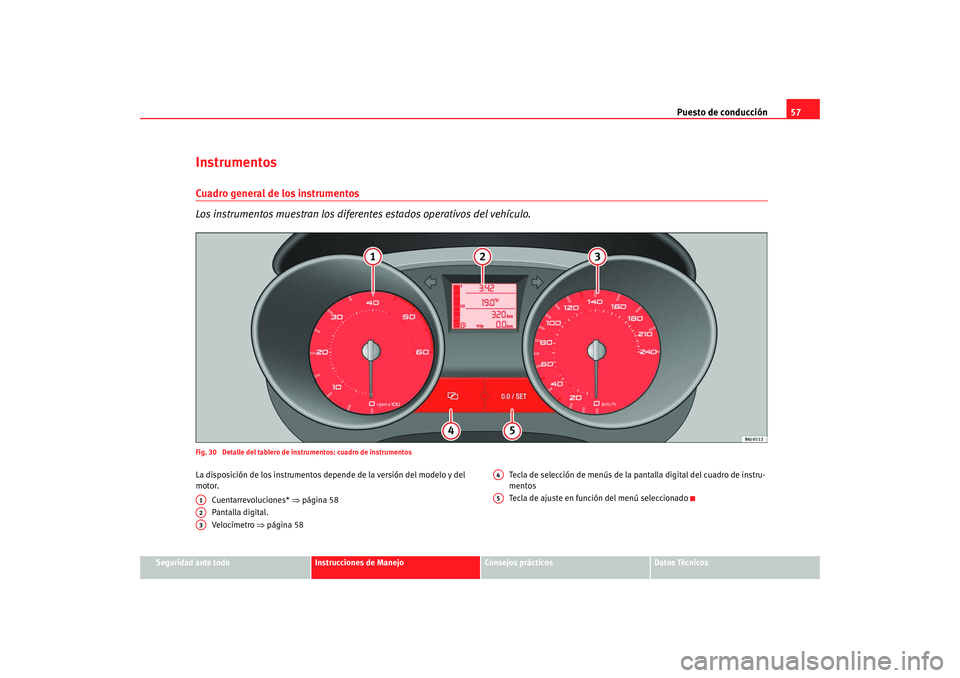 Seat Ibiza 5D 2008  Manual de instrucciones (in Spanish) Puesto de conducción57
Seguridad ante todo
Instrucciones de Manejo
Consejos prácticos
Datos Técnicos
InstrumentosCuadro general de los instrumentos
Los instrumentos muestran los diferentes estados 