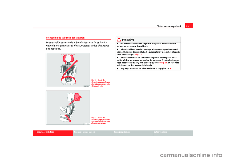 Seat Ibiza SC 2008  Manual de instrucciones (in Spanish) Cinturones de seguridad25
Seguridad ante todo
Instrucciones de Manejo
Consejos prácticos
Datos Técnicos
Colocación de la banda del cinturón
La colocación correcta de la banda del cinturón es fun