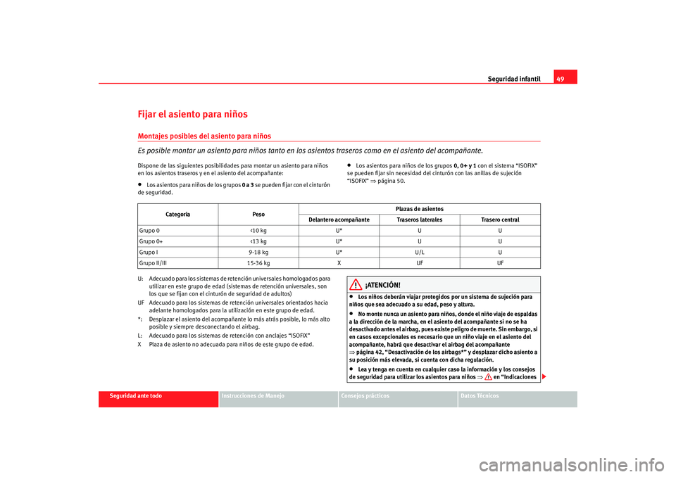 Seat Ibiza SC 2008  Manual de instrucciones (in Spanish) Seguridad infantil49
Seguridad ante todo
Instrucciones de Manejo
Consejos prácticos
Datos Técnicos
Fijar el asiento para niñosMontajes posibles del asiento para niños
Es posible montar un asiento 