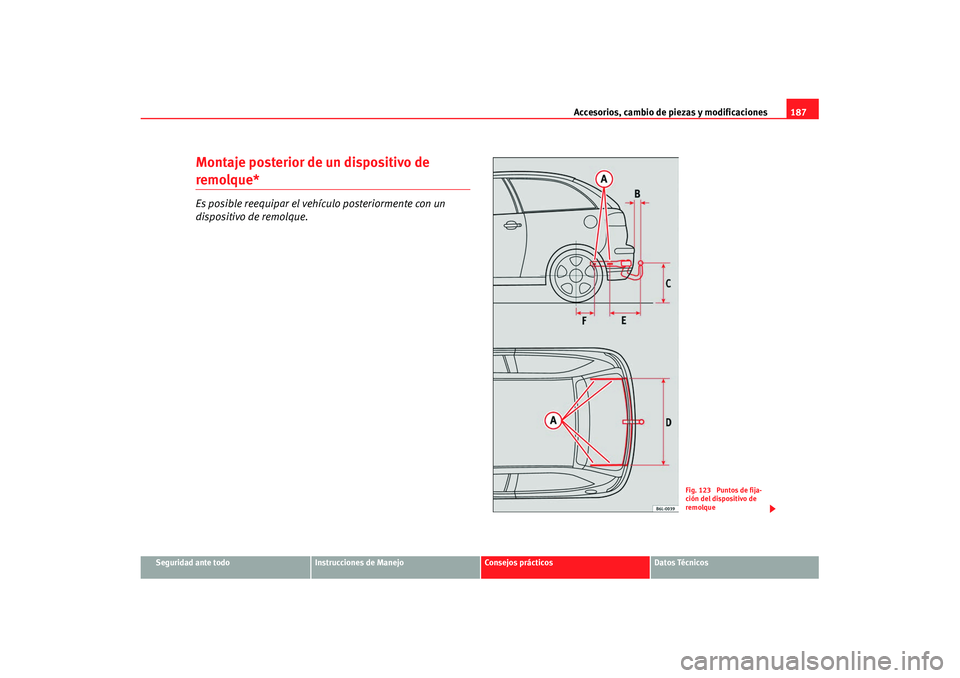 Seat Ibiza 5D 2007 Manual de instrucciones (in Spanish) Accesorios, cambio de piezas y modificaciones187
Seguridad ante todo
Instrucciones de Manejo
Consejos prácticos
Datos Técnicos
Montaje posterior de un dispositivo de remolque*Es posible reequipar el Seat Ibiza 5D 2007 Manual de instrucciones (in Spanish) Accesorios, cambio de piezas y modificaciones187
Seguridad ante todo
Instrucciones de Manejo
Consejos prácticos
Datos Técnicos
Montaje posterior de un dispositivo de remolque*Es posible reequipar el