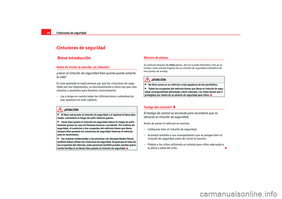 Seat Ibiza 5D 2007  Manual de instrucciones (in Spanish) Cinturones de seguridad
18Cinturones de seguridad Breve introducciónAntes de iniciar la marcha: ¡el cinturón!
¡Llevar el cinturón de seguridad bien puesto puede salvarle 
la vida!En este apartado
