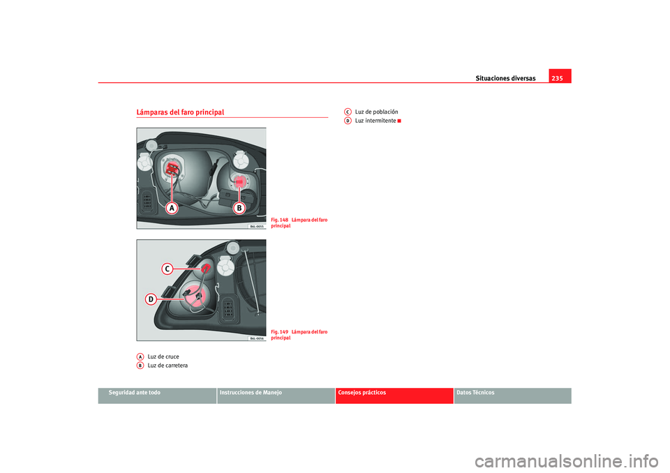 Seat Ibiza 5D 2007  Manual de instrucciones (in Spanish) Situaciones diversas235
Seguridad ante todo
Instrucciones de Manejo
Consejos prácticos
Datos Técnicos
Lámparas del faro principal
Luz de cruce
Luz de carretera Luz de población
Luz intermitente
Fi