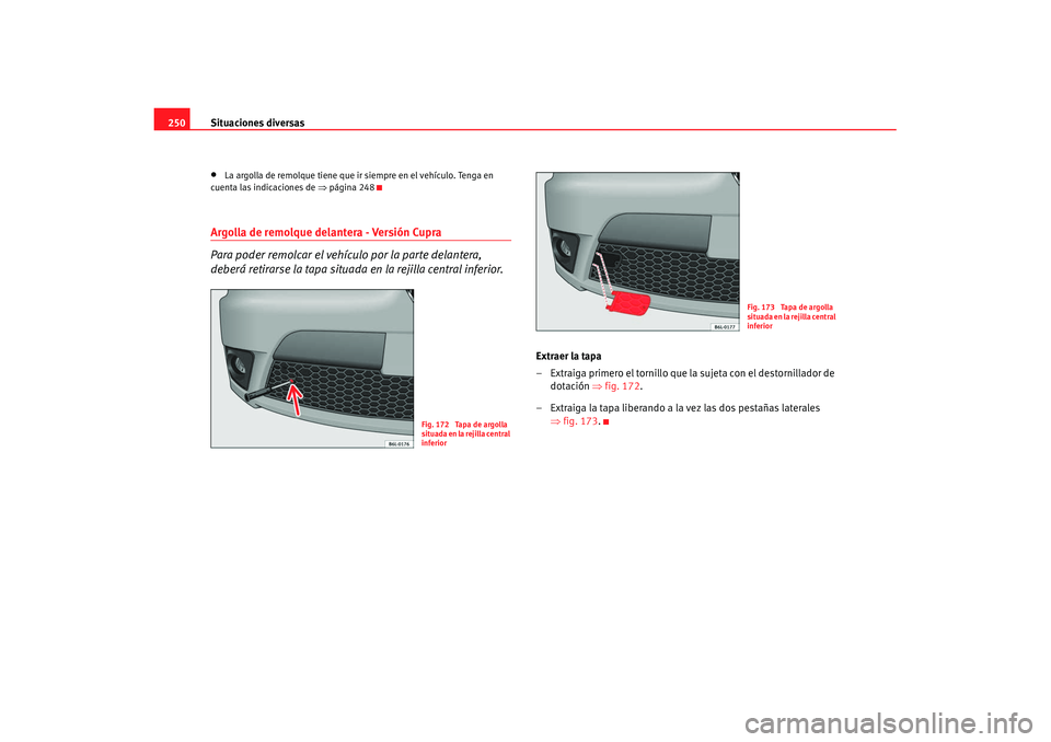 Seat Ibiza 5D 2007  Manual de instrucciones (in Spanish) Situaciones diversas
250•
La argolla de remolque tiene que ir siempre en el vehículo. Tenga en 
cuenta las indicaciones de ⇒ página 248
Argolla de remolque delantera - Versión Cupra
Para poder 