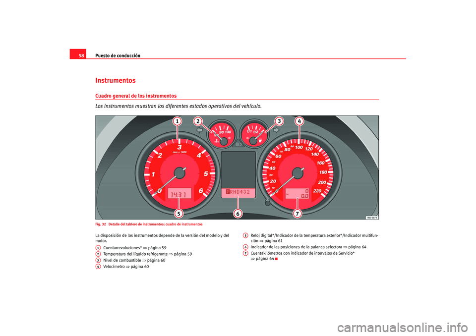 Seat Ibiza 5D 2007  Manual de instrucciones (in Spanish) Puesto de conducción
58InstrumentosCuadro general de los instrumentos
Los instrumentos muestran los diferentes estados operativos del vehículo.Fig. 32  Detalle del tablero de instrumentos: cuadro de