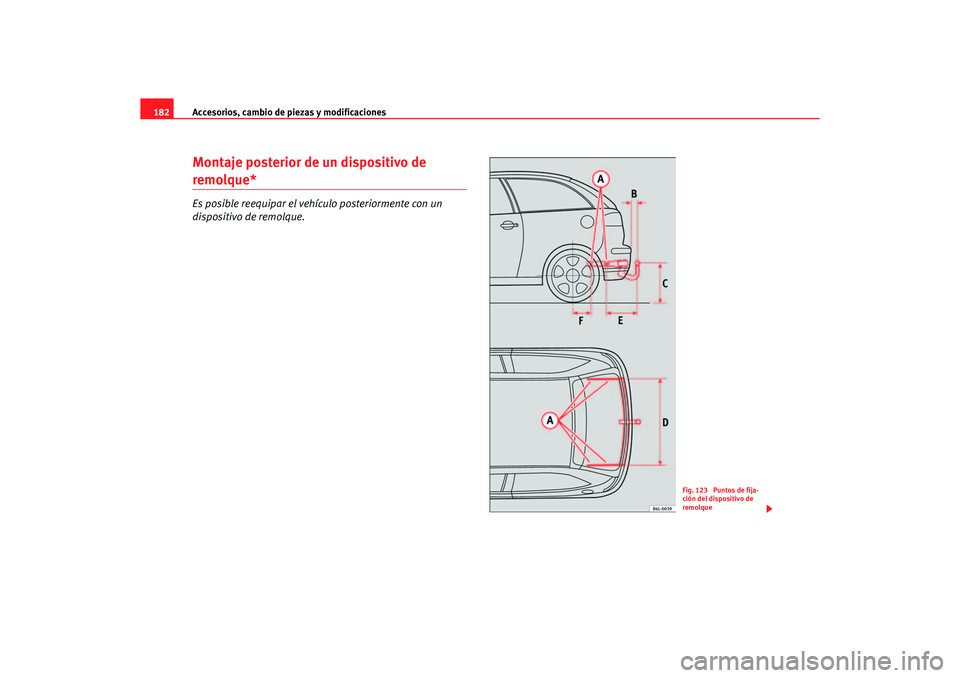 Seat Ibiza 5D 2006 Manual de instrucciones (in Spanish) Accesorios, cambio de piezas y modificaciones
182Montaje posterior de un dispositivo de remolque*Es posible reequipar el vehículo posteriormente con un
dispositivo de remolque.
Fig. 123 Puntos de f Seat Ibiza 5D 2006 Manual de instrucciones (in Spanish) Accesorios, cambio de piezas y modificaciones
182Montaje posterior de un dispositivo de remolque*Es posible reequipar el vehículo posteriormente con un
dispositivo de remolque.
Fig. 123 Puntos de f
