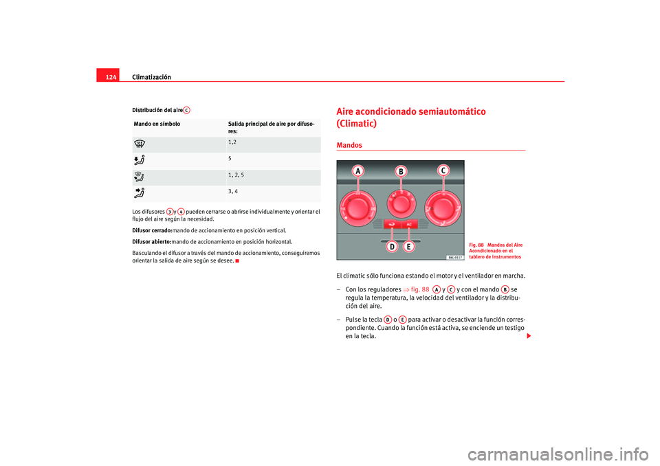 Seat Ibiza 5D 2005  Manual de instrucciones (in Spanish) Climatización
124Distribución del aire  
Los difusores  y   pueden cerrarse o abrirse individualmente y orientar el 
flujo del aire según la necesidad.
Difusor cerrado: mando de accionamiento en po