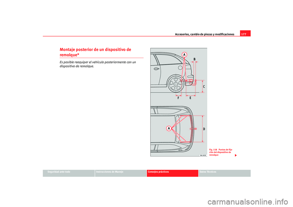 Seat Ibiza 5D 2005  Manual de instrucciones (in Spanish) Accesorios, cambio de piezas y modificaciones177
Seguridad ante todo
Instrucciones de Manejo
Consejos prácticos
Datos Técnicos
Montaje posterior de un dispositivo de remolque*Es posible reequipar el