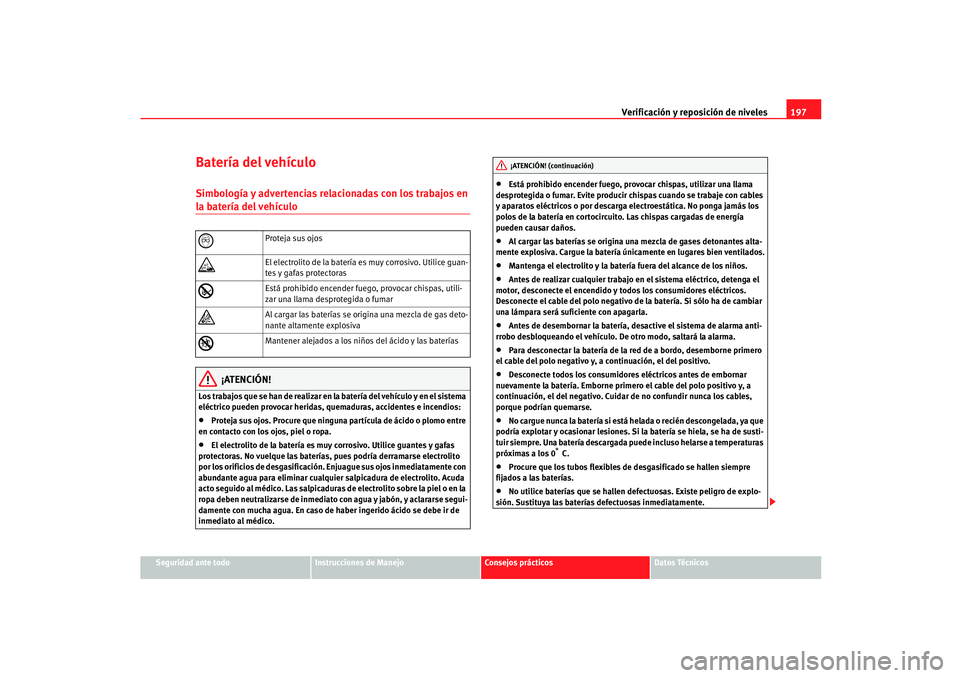 Seat Ibiza 5D 2005  Manual de instrucciones (in Spanish) Verificación y reposición de niveles197
Seguridad ante todo
Instrucciones de Manejo
Consejos prácticos
Datos Técnicos
Batería del vehículoSimbología y advertencias relacionadas con los trabajos