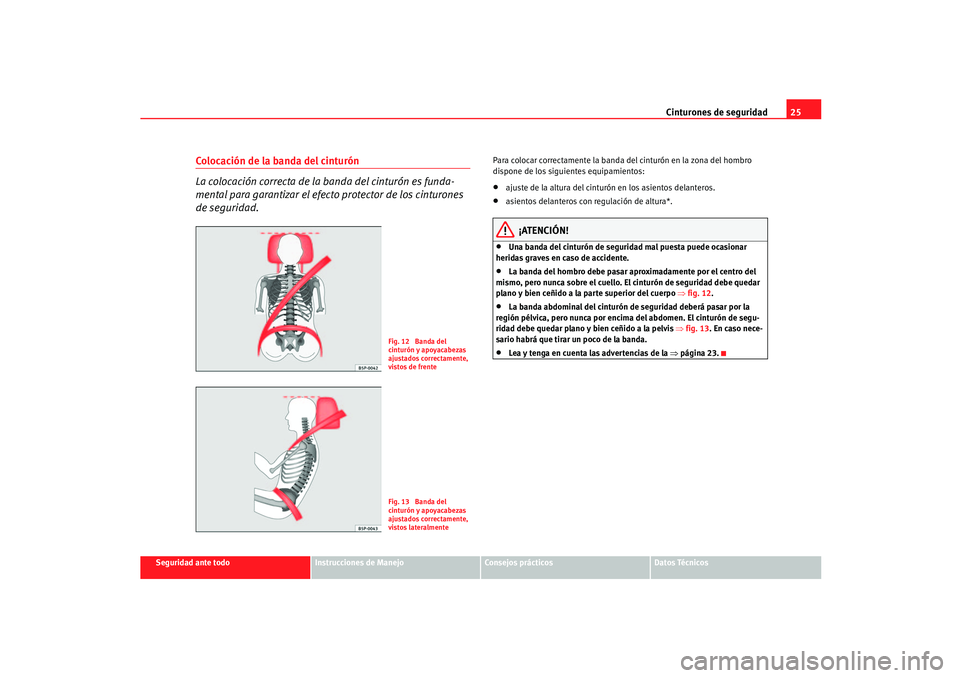 Seat Ibiza 5D 2005  Manual de instrucciones (in Spanish) Cinturones de seguridad25
Seguridad ante todo
Instrucciones de Manejo
Consejos prácticos
Datos Técnicos
Colocación de la banda del cinturón
La colocación correcta de la banda del cinturón es fun