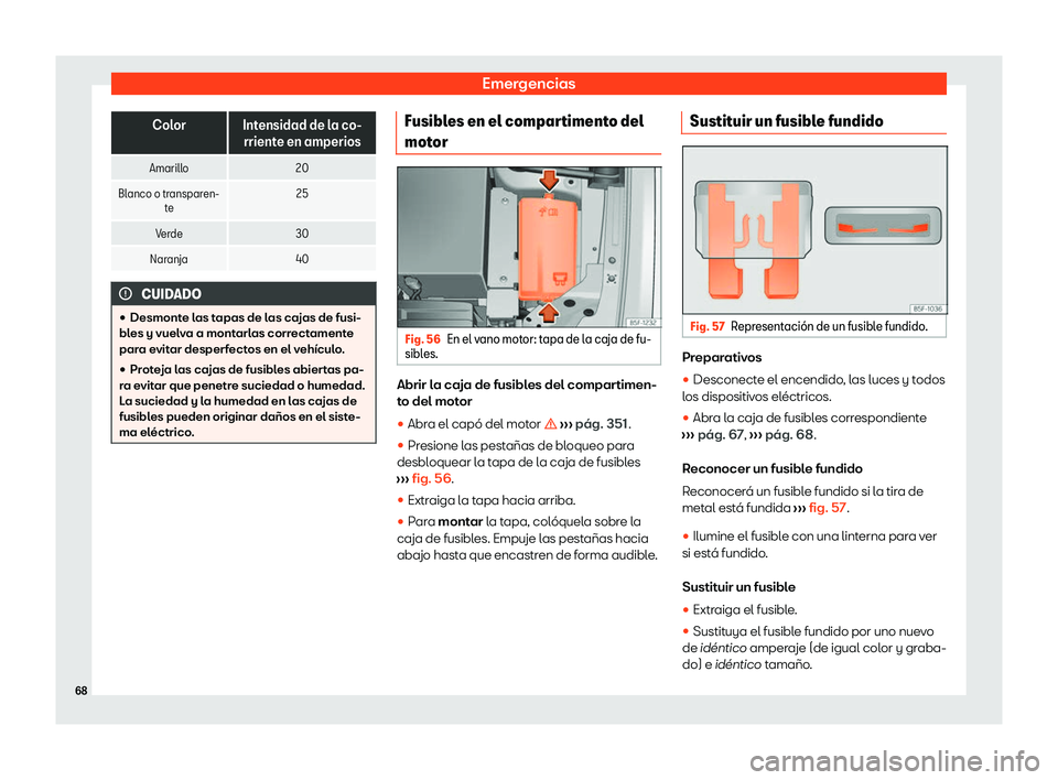 Seat Leon 2020  Manual de instrucciones (in Spanish) Emergencias
Color Intensidad de la co-
rriente en amperios
Amarill
o 20
Blanco o transparen- te 25
V
 erde 30
Naranja 40CUIDADO
