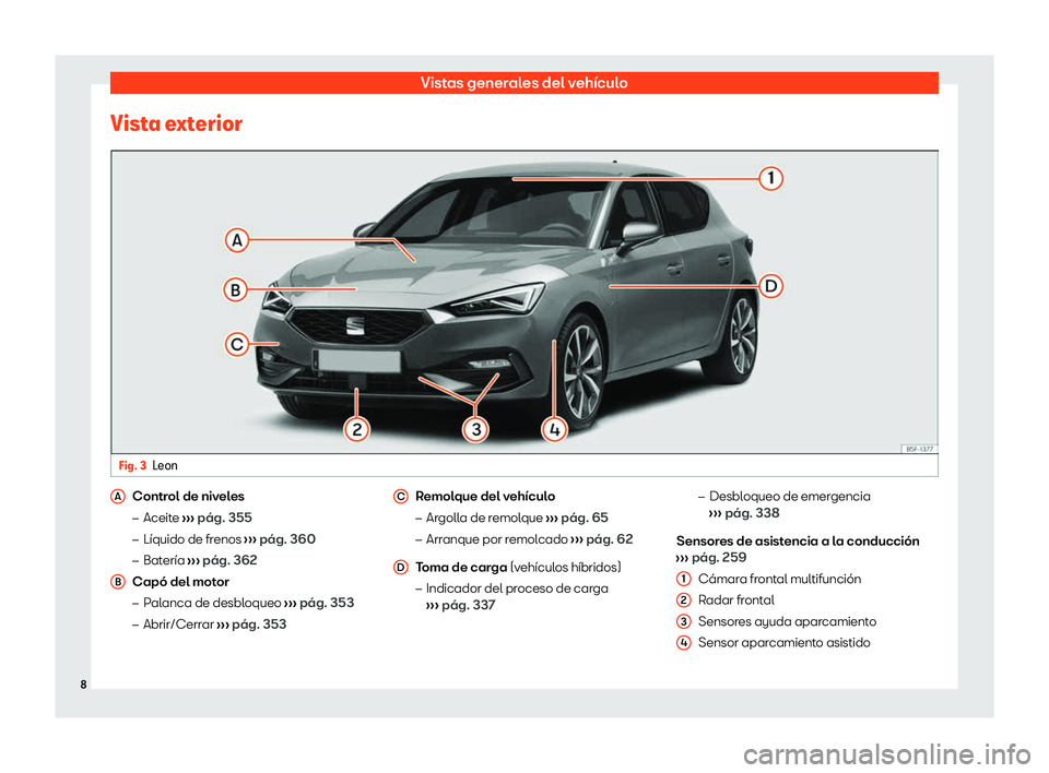 Seat Leon 2020  Manual de instrucciones (in Spanish) Vistas generales del vehículo
Vista exterior Fig. 3
Leon Control de niveles
�