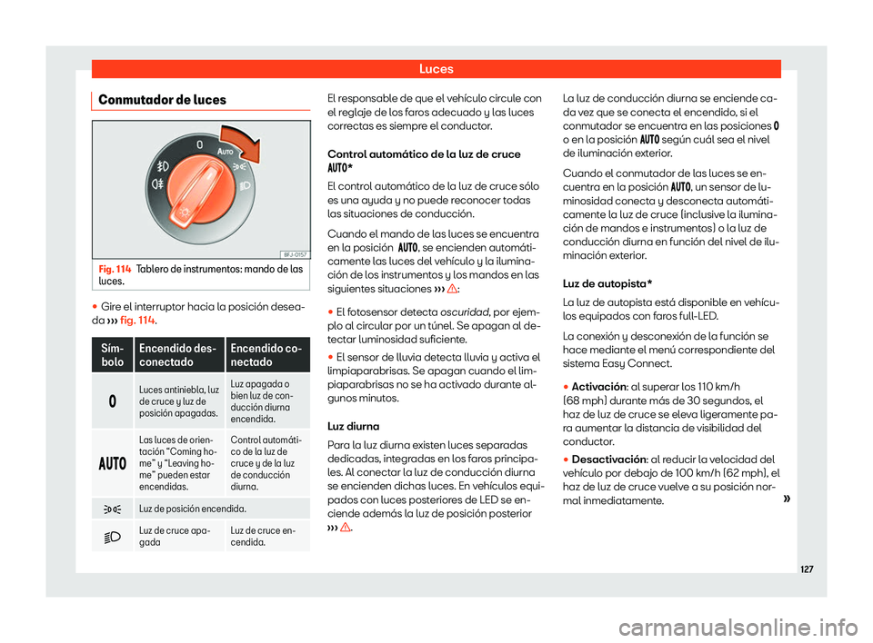 Seat Leon Sportstourer 2019  Manual de instrucciones (in Spanish) Luces
Conmutador de luces Fig. 114
Tablero de instrumentos: mando de las
luces. 