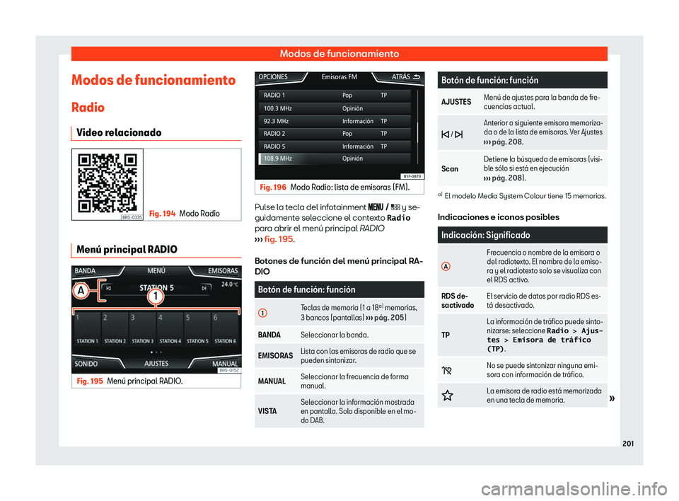 Seat Leon Sportstourer 2019  Manual de instrucciones (in Spanish) Modos de funcionamiento
Modos de funcionamiento
R adio
Video r elacionado Fig. 194
Modo Radio Men