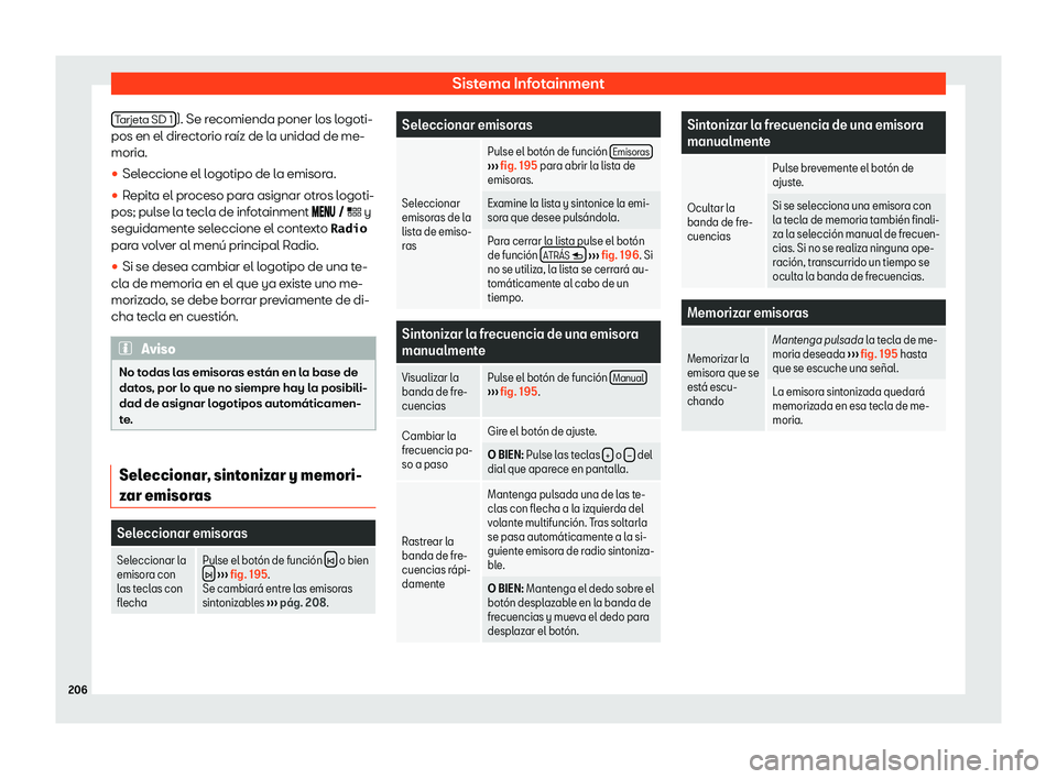 Seat Leon Sportstourer 2019  Manual de instrucciones (in Spanish) Sistema Infotainment
Tarjeta SD 1 ). Se recomienda poner los logoti-
pos en el dir ect
orio r a
