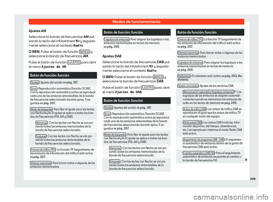 Seat Leon Sportstourer 2019  Manual de instrucciones (in Spanish) Modos de funcionamiento
Ajustes AM
Sel eccione l
a banda de fr ecuencias 
AM
 pul-
sando la tecla del infotainment � y seguida- mente seleccione el contexto �R�a�d�i�o .
O BIEN: Pulse el bot