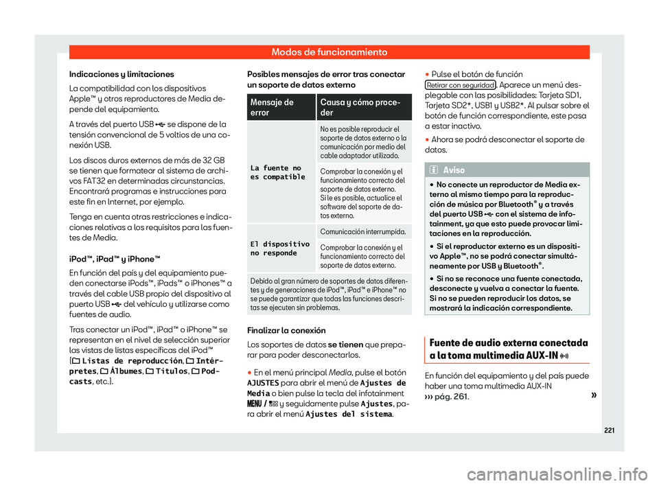 Seat Leon Sportstourer 2019  Manual de instrucciones (in Spanish) Modos de funcionamiento
Indicaciones y limitaciones
L a compatibilidad con l
os dispositivos
Appl e