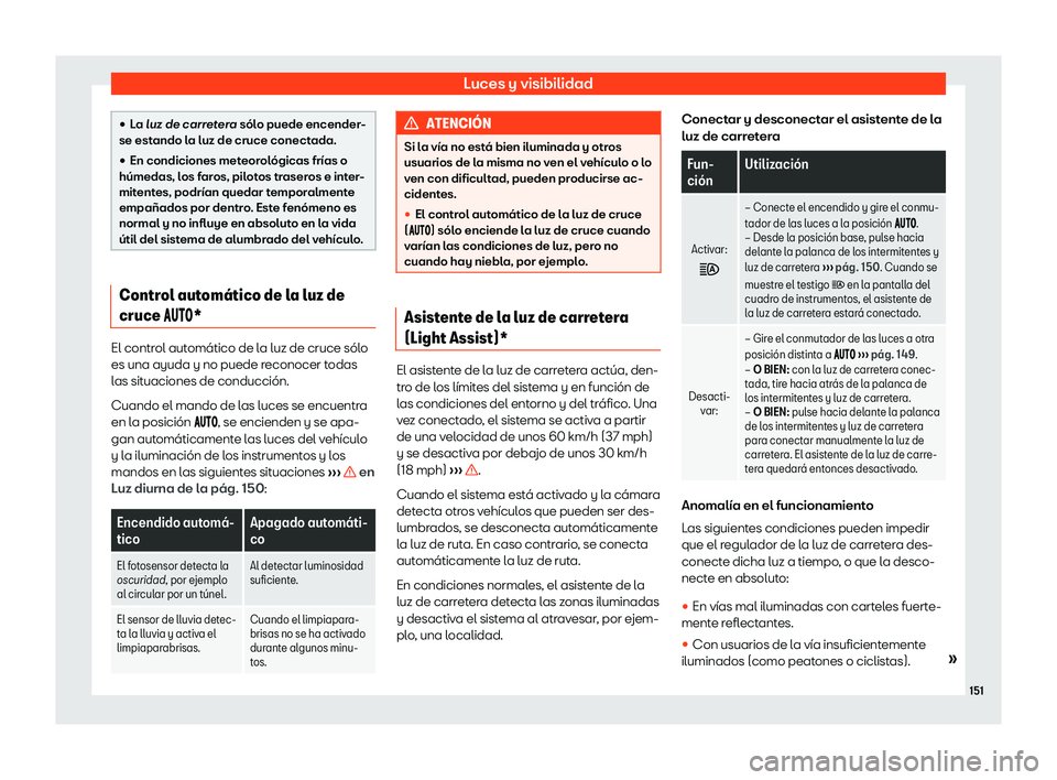 Seat Leon 2018  Manual de instrucciones (in Spanish) Luces y visibilidad
