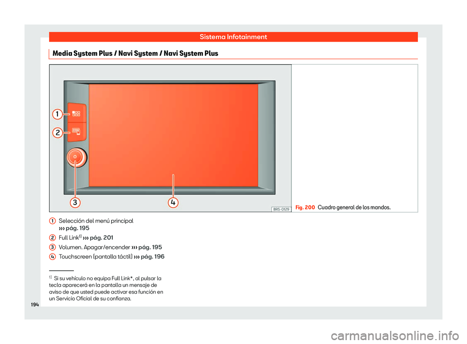 Seat Leon Sportstourer 2018  Manual de instrucciones (in Spanish) Sistema Infotainment
Media System Plus / Navi System / Navi System Plus Fig. 200
Cuadro general de los mandos. Selecci