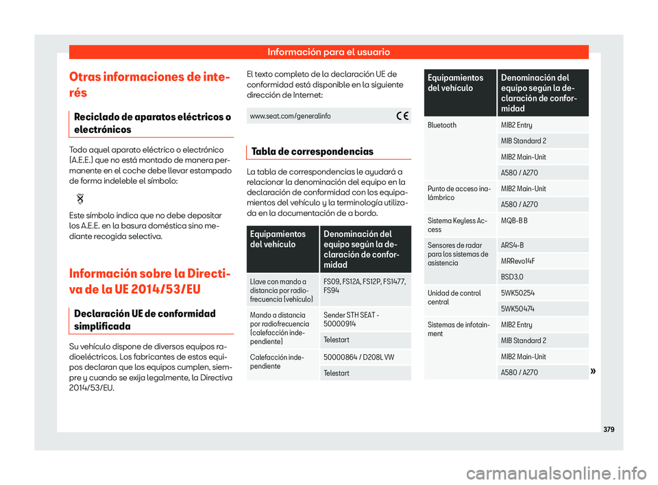 Seat Leon 2018 Manual de instrucciones (in Spanish) Informaci Seat Leon 2018 Manual de instrucciones (in Spanish) Informaci