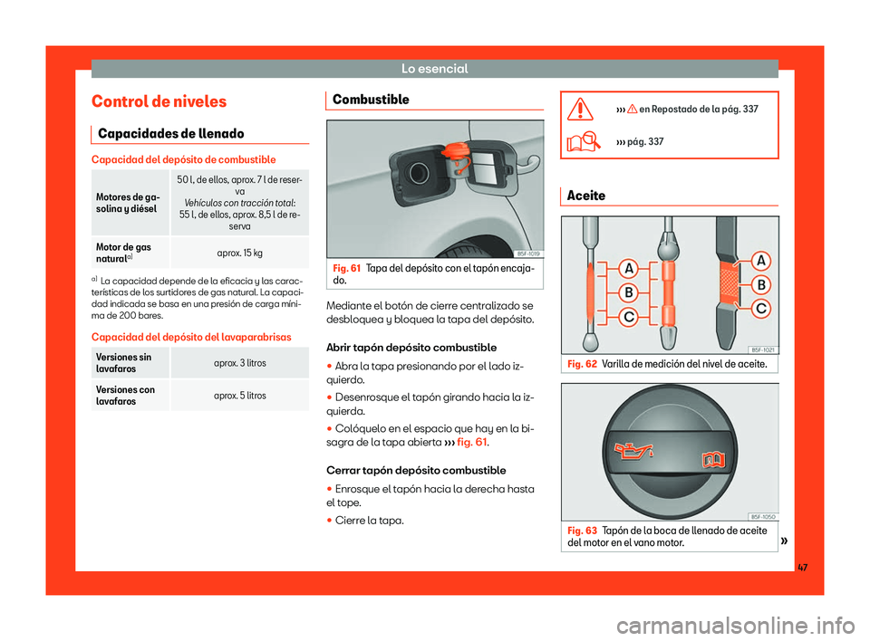 Seat Leon 2018  Manual de instrucciones (in Spanish) Lo esencial
Control de niveles Capacidades de ll enadoCapacidad del dep