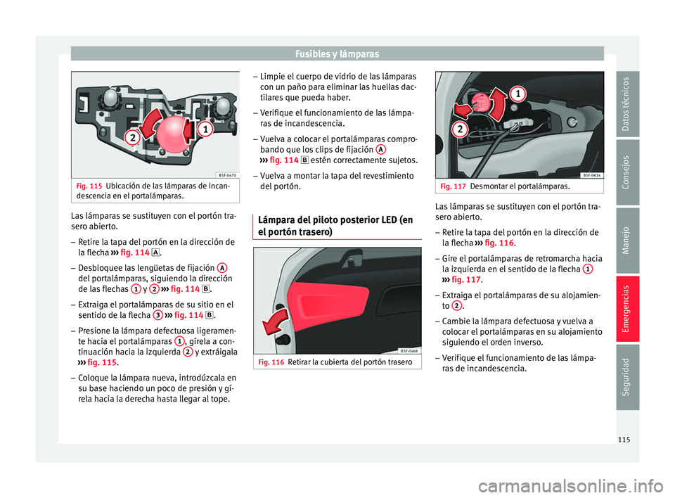Seat Leon Sportstourer 2017 Manual de instrucciones (in Spanish) Fusibles y lámparas
Fig. 115
Ubicación de las lámparas de incan-
des c
encia en el portalámparas. Las lámparas se sustituyen con el portón tra-
ser
o ab
ier
to.
– Retire la tapa del portón e Seat Leon Sportstourer 2017 Manual de instrucciones (in Spanish) Fusibles y lámparas
Fig. 115
Ubicación de las lámparas de incan-
des c
encia en el portalámparas. Las lámparas se sustituyen con el portón tra-
ser
o ab
ier
to.
– Retire la tapa del portón e
