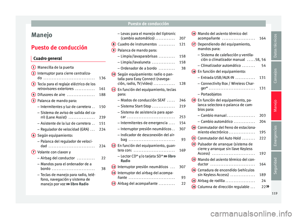 Seat Leon 5D 2017 Manual de instrucciones (in Spanish) Puesto de conducción
Manejo
P ue
s
to de conducción
Cuadro general Manecilla de la puerta
Interrupt
or p
ara cierre centraliza-
do . . . . . . . . . . . . . . . . . . . . . . . . . . . . . . . 136 Seat Leon 5D 2017 Manual de instrucciones (in Spanish) Puesto de conducción
Manejo
P ue
s
to de conducción
Cuadro general Manecilla de la puerta
Interrupt
or p
ara cierre centraliza-
do . . . . . . . . . . . . . . . . . . . . . . . . . . . . . . . 136