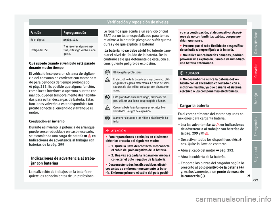 Seat Leon Sportstourer 2017 Manual de instrucciones (in Spanish) Verificación y reposición de nivelesFunciónReprogramación
Reloj digital›››
pág. 123.
Testigo del ESCTras recorrer algunos me-
tros, el testigo vuelve a apa-
garse. Qué sucede cuando el ve Seat Leon Sportstourer 2017 Manual de instrucciones (in Spanish) Verificación y reposición de nivelesFunciónReprogramación
Reloj digital›››
pág. 123.
Testigo del ESCTras recorrer algunos me-
tros, el testigo vuelve a apa-
garse. Qué sucede cuando el ve
