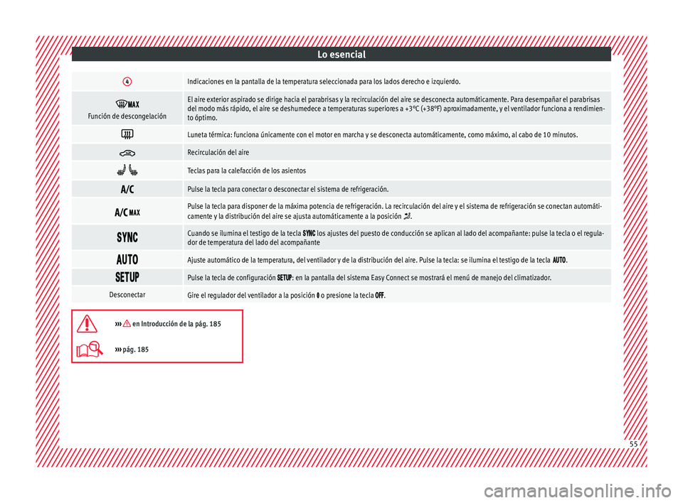 Seat Leon SC 2017  Manual de instrucciones (in Spanish) Lo esencial4Indicaciones en la pantalla de la temperatura seleccionada para los lados derecho e izquierdo.


Función de descongelación
El aire exterior aspirado se dirige hacia el parabr