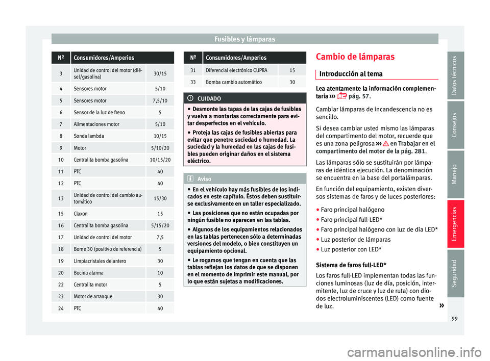 Seat Leon 5D 2016  Manual de instrucciones (in Spanish) Fusibles y lámparasNºConsumidores/Amperios
3Unidad de control del motor (dié-
sel/gasolina)30/15
4Sensores motor5/10
5Sensores motor7,5/10
6Sensor de la luz de freno5
7Alimentaciones motor5/10
8Son