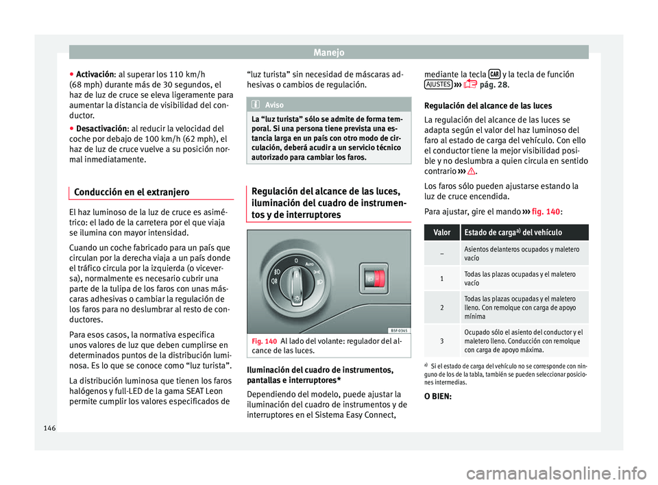 Seat Leon 5D 2016 Manual de instrucciones (in Spanish) Manejo
● Activ
ac
ión: al superar los 110 km/h
(68 mph) durante más de 30 segundos, el
haz de luz de cruce se eleva ligeramente para
aumentar la distancia de visibilidad del con-
ductor.
● Desac Seat Leon 5D 2016 Manual de instrucciones (in Spanish) Manejo
● Activ
ac
ión: al superar los 110 km/h
(68 mph) durante más de 30 segundos, el
haz de luz de cruce se eleva ligeramente para
aumentar la distancia de visibilidad del con-
ductor.
● Desac