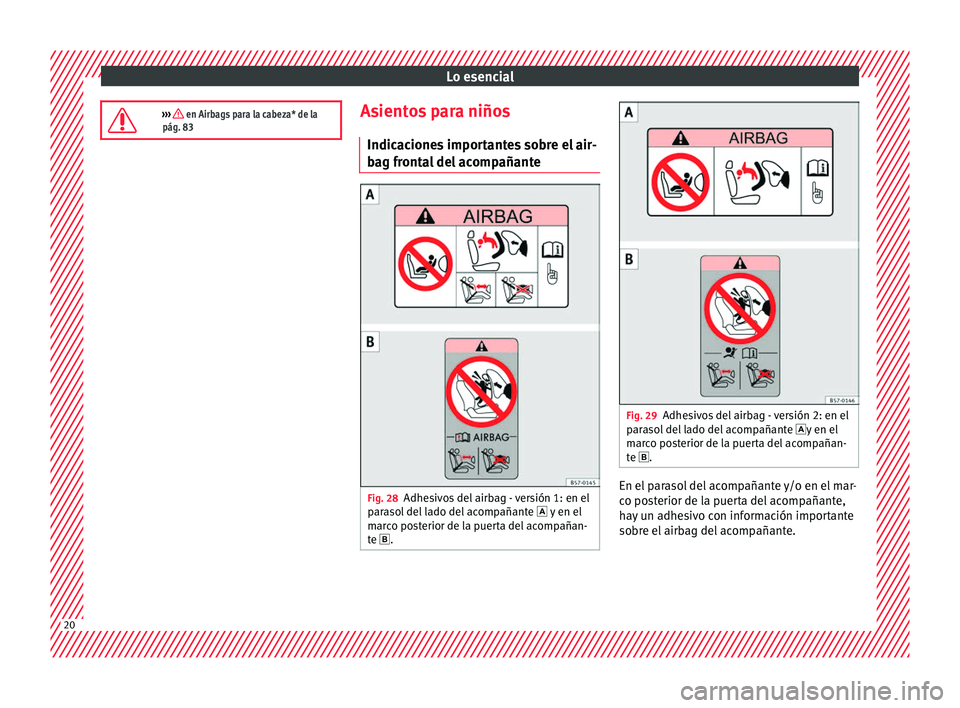 Seat Leon 5D 2016  Manual de instrucciones (in Spanish) Lo esencial
›››  en Airbags para la cabeza* de la
pág. 83 Asientos para niños
Indic ac
ione
s importantes sobre el air-
bag frontal del acompañante Fig. 28
Adhesivos del airbag - versión 