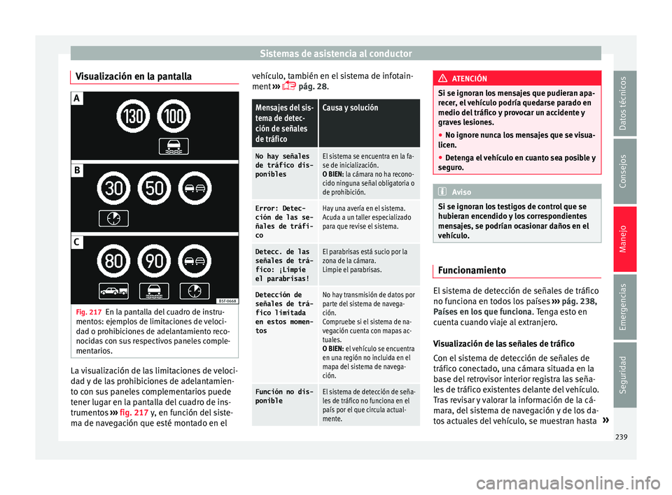 Seat Leon 5D 2016 Manual de instrucciones (in Spanish) Sistemas de asistencia al conductor
Visualización en la pantalla Fig. 217
En la pantalla del cuadro de instru-
ment o
s: ej
emplos de limitaciones de veloci-
dad o prohibiciones de adelantamiento rec Seat Leon 5D 2016 Manual de instrucciones (in Spanish) Sistemas de asistencia al conductor
Visualización en la pantalla Fig. 217
En la pantalla del cuadro de instru-
ment o
s: ej
emplos de limitaciones de veloci-
dad o prohibiciones de adelantamiento rec