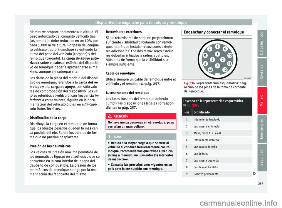 Seat Leon 5D 2016 Manual de instrucciones (in Spanish) Dispositivo de enganche para remolque y remolque
disminuye proporcionalmente a la altitud. El
pe so aut
oriz
ado del conjunto vehículo trac-
tor/remolque debe reducirse en un 10% por
cada 1.000 m de Seat Leon 5D 2016 Manual de instrucciones (in Spanish) Dispositivo de enganche para remolque y remolque
disminuye proporcionalmente a la altitud. El
pe so aut
oriz
ado del conjunto vehículo trac-
tor/remolque debe reducirse en un 10% por
cada 1.000 m de