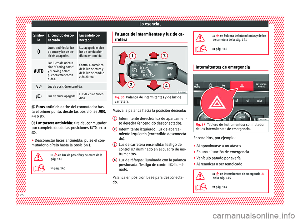 Seat Leon Sportstourer 2016 Manual de instrucciones (in Spanish) Lo esencialSímbo-
loEncendido desco-
nectadoEncendido co-
nectado
Luces antiniebla, luz
de cruce y luz de po-
sición apagadas.Luz apagada o bien
luz de conducción
diurna encendida.
Seat Leon Sportstourer 2016 Manual de instrucciones (in Spanish) Lo esencialSímbo-
loEncendido desco-
nectadoEncendido co-
nectado
Luces antiniebla, luz
de cruce y luz de po-
sición apagadas.Luz apagada o bien
luz de conducción
diurna encendida.
