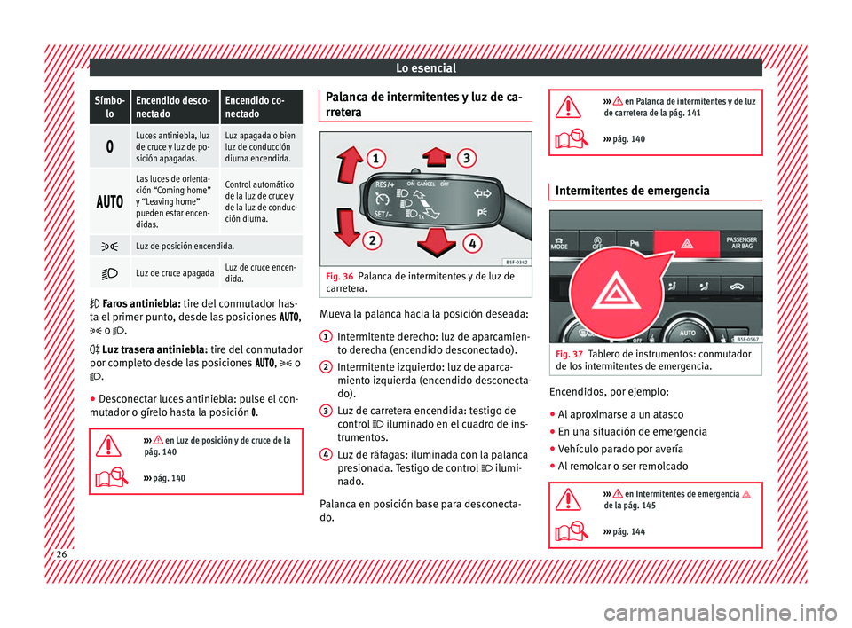 Seat Leon 5D 2016  Manual de instrucciones (in Spanish) Lo esencialSímbo-
loEncendido desco-
nectadoEncendido co-
nectado 
Luces antiniebla, luz
de cruce y luz de po-
sición apagadas.Luz apagada o bien
luz de conducción
diurna encendida.
