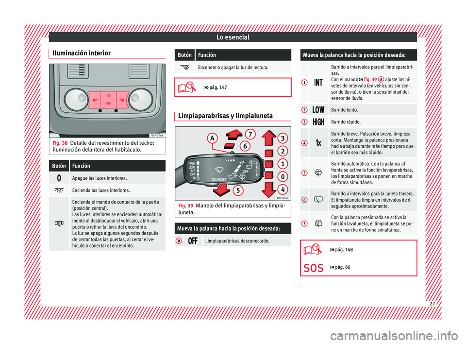 Seat Leon 5D 2016  Manual de instrucciones (in Spanish) Lo esencial
Iluminación interior Fig. 38
Detalle del revestimiento del techo:
i lumin
ac
ión delantera del habitáculo.
BotónFunción 
Apague las luces interiores.

Encienda las luces interio