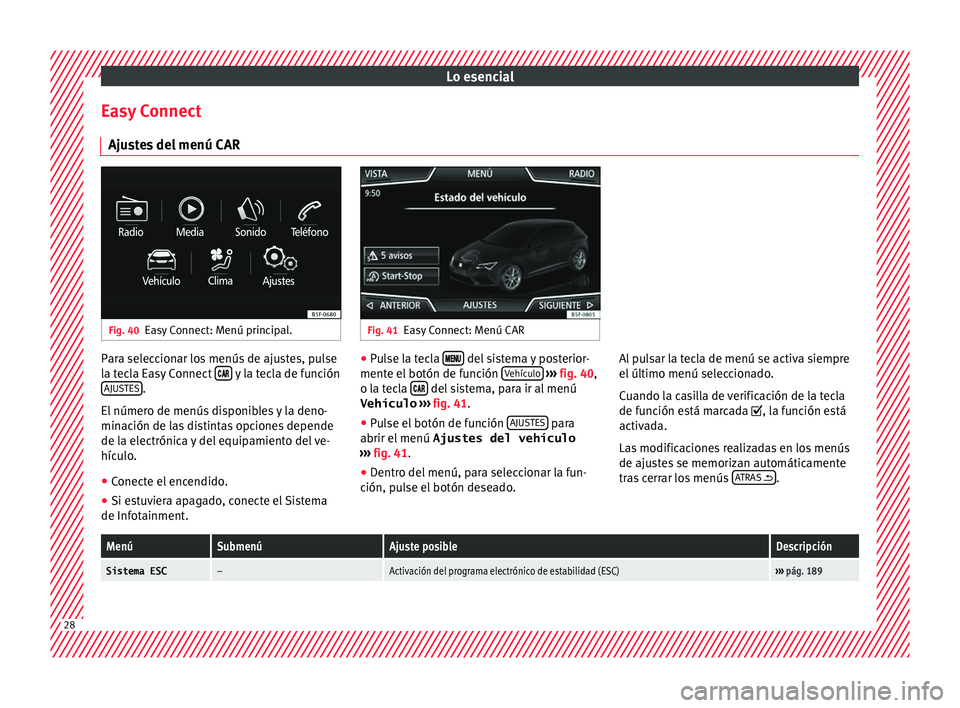 Seat Leon 5D 2016 Manual de instrucciones (in Spanish) Lo esencial
Easy Connect Aju s
t
es del menú CAR Fig. 40
Easy Connect: Menú principal. Fig. 41
Easy Connect: Menú CAR Para seleccionar los menús de ajustes, pulse
l
a t
ec
la Easy Connect Seat Leon 5D 2016 Manual de instrucciones (in Spanish) Lo esencial
Easy Connect Aju s
t
es del menú CAR Fig. 40
Easy Connect: Menú principal. Fig. 41
Easy Connect: Menú CAR Para seleccionar los menús de ajustes, pulse
l
a t
ec
la Easy Connect 