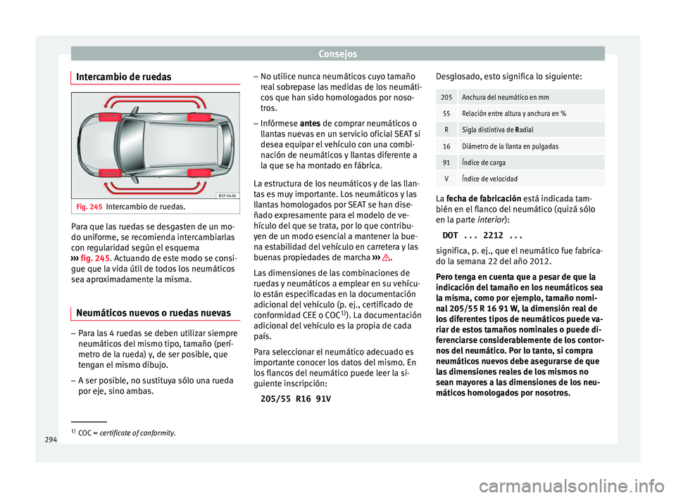 Seat Leon 5D 2016 Manual de instrucciones (in Spanish) Consejos
Intercambio de ruedas Fig. 245
Intercambio de ruedas. Para que las ruedas se desgasten de un mo-
do u
nif
orme, se r
ecomienda intercambiarlas
con regularidad según el esquema
››› fig Seat Leon 5D 2016 Manual de instrucciones (in Spanish) Consejos
Intercambio de ruedas Fig. 245
Intercambio de ruedas. Para que las ruedas se desgasten de un mo-
do u
nif
orme, se r
ecomienda intercambiarlas
con regularidad según el esquema
››› fig