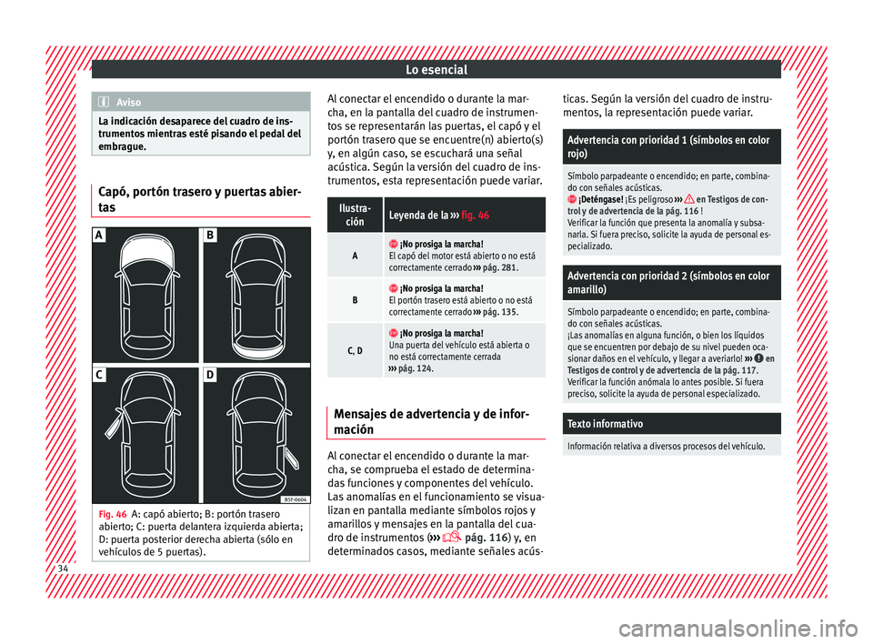 Seat Leon 5D 2016 Manual de instrucciones (in Spanish) Lo esencial
Aviso
La indicación desaparece del cuadro de ins-
trumento s
mientras esté pisando el pedal del
embrague. Capó, portón trasero y puertas abier-
ta
s Fig. 46
A: capó abierto; B: port Seat Leon 5D 2016 Manual de instrucciones (in Spanish) Lo esencial
Aviso
La indicación desaparece del cuadro de ins-
trumento s
mientras esté pisando el pedal del
embrague. Capó, portón trasero y puertas abier-
ta
s Fig. 46
A: capó abierto; B: port